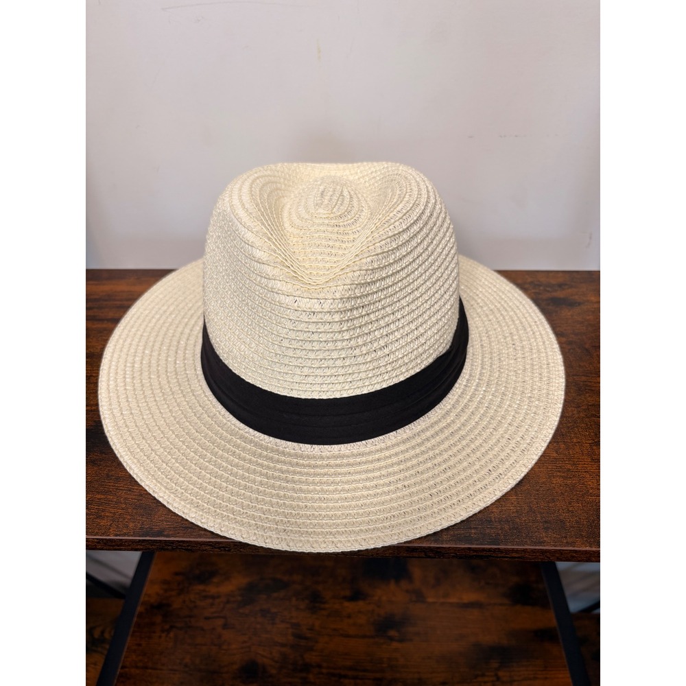 Anycosy Off White Women's Straw Fedora Hat Black Ribbon Band Sun Hat Size M NEW